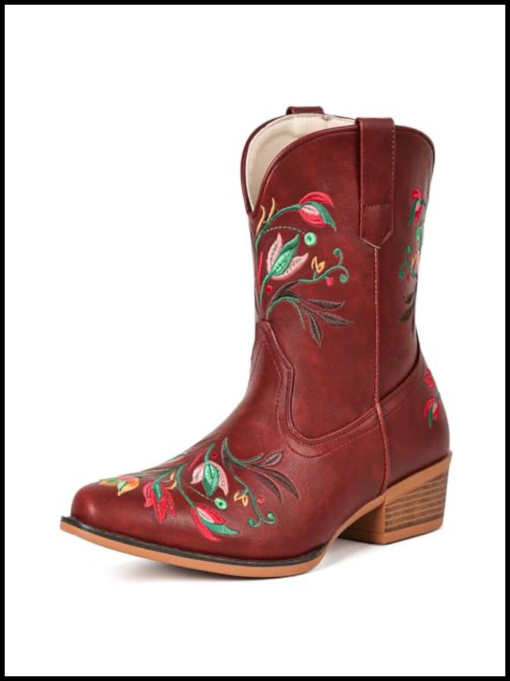 Western Floral Embroidered Ankle Cowboy Boots Faux Leather Women